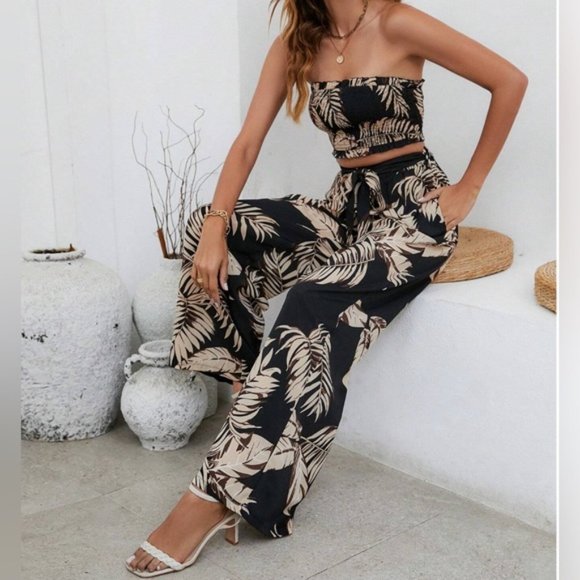 Brown/ Black Tropical Print Tube Top & Wide Leg Pants - Picture 4 of 7
